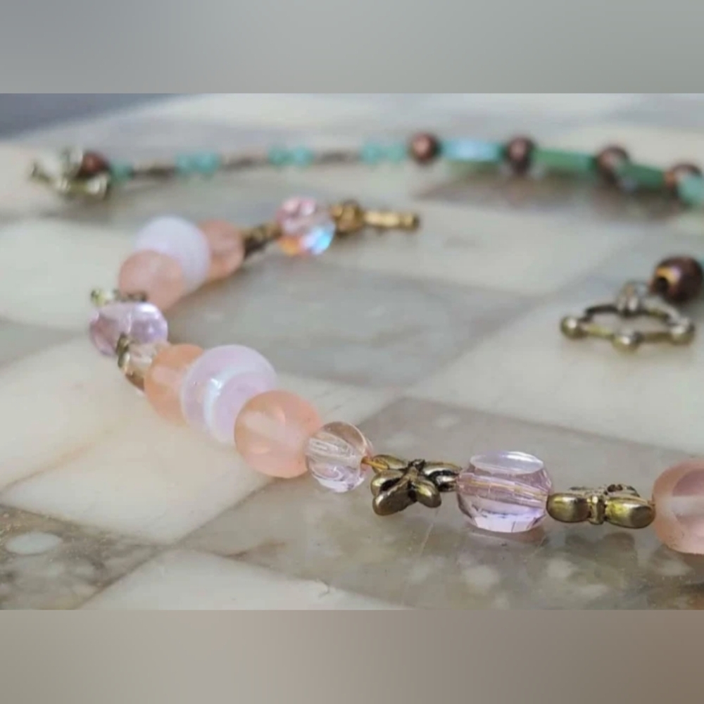 2 Glass Bread Bracelets - Artisan Market Jewelry - Pink Green Dragonfly